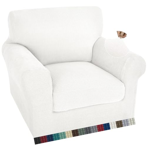 ZNSAYOTX 2 Piece Chair Covers with Arms for Living Room, Super Soft Armchair Slipcover with Seat Cushion Cover Thick Durable, Spandex Blend High Stretch & Bottom Ties Chairs, White