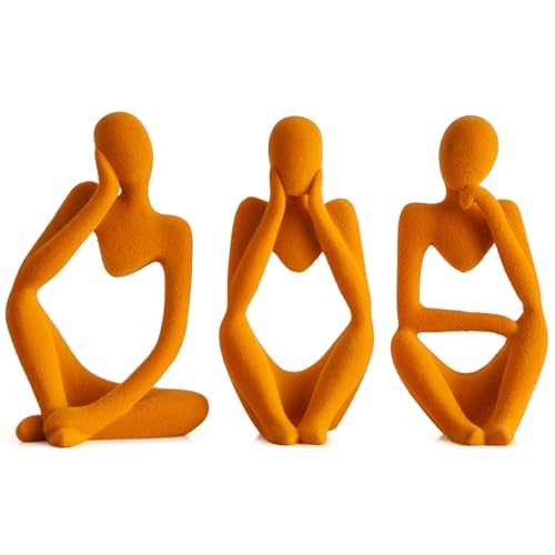 FJS Thinker Statue Shelf Decor - Velvet Collectible Figurines Living Room Decor, Modern Sculptures Home Decorations for Bookshelf Coffee Table Office (Orange Velvet)