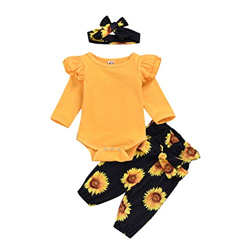 WOCACHI Baby Girls Pants Sets Sale, Newborn Infant Baby Girl Romper Tops Sunflower Floral Pants Headband Outfits Set Infant Bodysuits Rompers Clothing Sets Christening Long Sleeve Organic Cotton