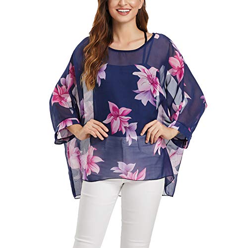 Image of Ckikiou Plus Size Batwing Flowy Semi Sheer Chiffon Blouse Tunic for Women Summer Floral Print Boho Beach Cover ups