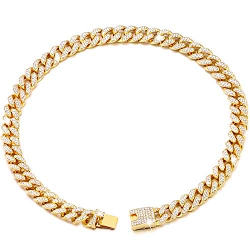 Image of Cuban Link Dog Collar Gold Silver Color Metal Dog Chain Collar Cuban Diamond Chain Pet Collars for Dogs Cats Jewelry 8 /10 /14 /16 /18 /20 /24 /28 Inch (22inch, Gold)