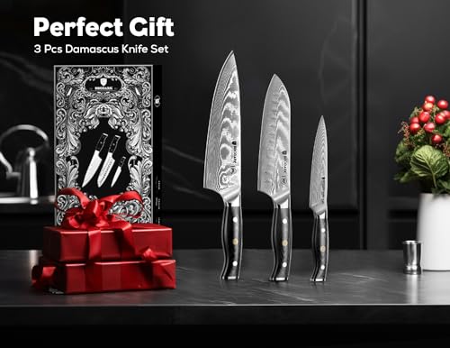 Damascus Knife Set 3 PCS with Premium VG10 Damascus Steel, Ultra-Sharp Professional Japanese Kitchen Knife Set, Full Tang Chef Knife Set with G10 Handle, Gift Box - Image 6