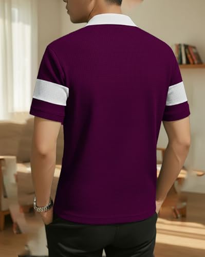 Image of AUSK Men's Textured Vertical Striped Knit Polo T-Shirt | Half Sleeve Zipper Neck Self-Design Casual Tee | Mens Tshirts