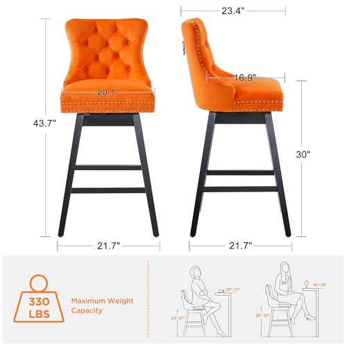 Image of Orange Swivel Bar Stools, Velvet Counter Height Bar Stool Set of 2 | 360 Swivel Bar Chairs, Solid Wood Legs, Upholstered Kitchen Island Stools, Modern Extra Wide Seat (Orange, 30 inch H, 2 Pack)