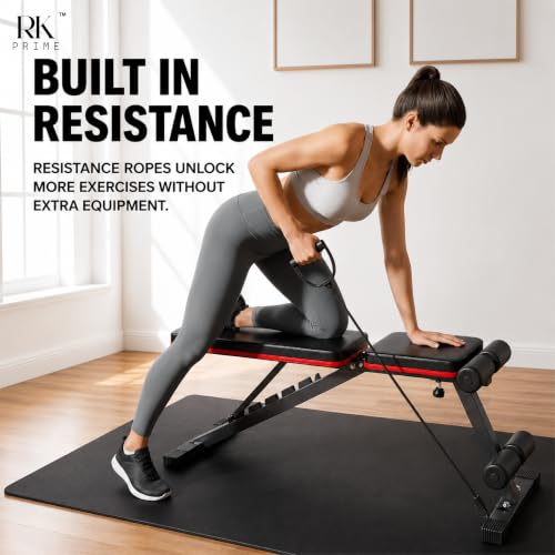 Image of RK Prime Adjustable Gym Bench for Home Workout | 310 Kg Capacity | 7-Level Incline Decline Flat | Foldable Bench Press with Resistance Bands | Sweat-Resistant Cushion | Heavy Duty Steel Frame