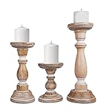 Whitewashed Wood Candle Holders – Set of 3 Hand Carved Decorative Candle Holders for Living Room,...