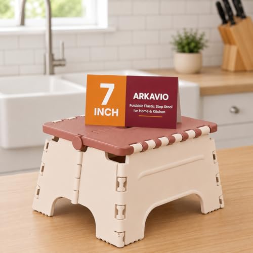 Image of 7 Inches Foldable Plastic Step Stool for Home & Kitchen, Portable Non-Slip Folding Stool, Heavy Duty Multipurpose Foot Rest for Bathroom, Office & Outdoor Use (Brown-Ivory)