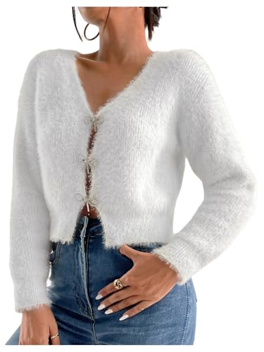 Floerns Women's Y2k Cardigan Sweater Long Sleeve Cut Out Rhinestone Bow Fuzzy Going Out Tops
