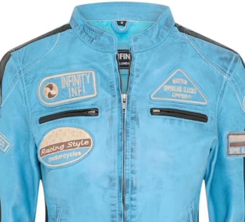 Womens Baby Blue Leather Biker Jacket Retro Zipped Racing Moto Badges - 4