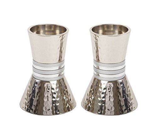Yair Emanuel Shabbat Sabbath Candlesticks Hammered Metal Designed With Colored Rings 4" (Silver Rings) Judaica | Ca-4 #TOP5
