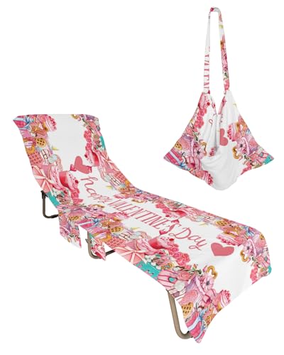 Valentines Day Beach Lounge Chair Towel Cover, Soft Chaise Lounge Towel with Side Pockets Patio Pool Chairs Cover for Beach/Pool Sunbathing 29x85 Love Heart Desserts Floral Pink Red