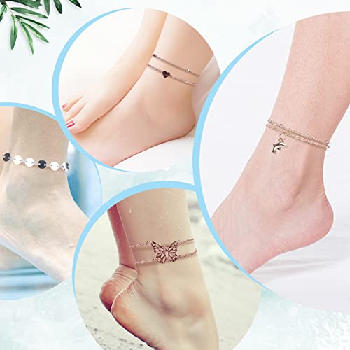 Esrich 40Pcs Ankle Bracelets For Women Girls Set, Gold Silver Rose Gold Three Style Jewelry Anklets For Women Beach Jewelry Gifts Adjustable Size Beach Anklet Set #TOP4