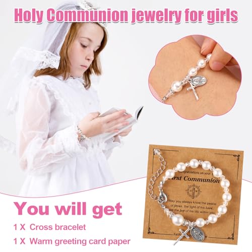 Image of Mikovivi First Communion Bracelets for Girls, Catholic Rosary Cross Pearl Bracelet Christian 1st Holy Communion Gifts for Daughter Niece Granddaughter Easter Baptism Gift