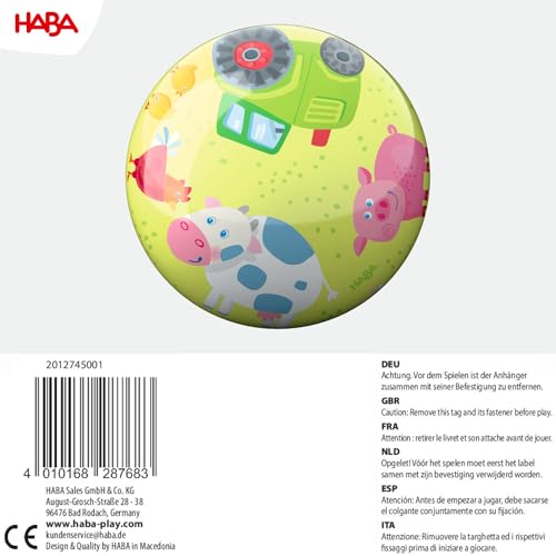 HABA Kinderball Bauernhof-Tiere – 22 cm, mit Ventil, robuster Kunststoff, bunter Spielball für drinnen & draußen, ab 2 Jahren – 2012745001