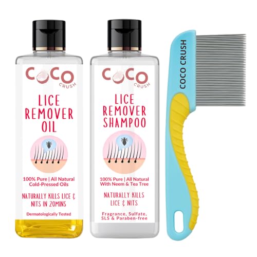 Image of Coco Crush 100% Natural Lice Treatment Kit | Ayurvedic Lice Oil, Anti-Lice Shampoo & Long Handle Comb | Safe, Chemical-Free & Effective Lice & Nit Removal for Kids & Adults | Herbal Complete Head Lice Care (100ml(2x50ml) + Comb)