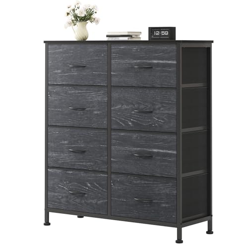 Image of OLIXIS 8 Drawer Storage Dresser for Bedroom, Closet Organizers Units | Fabric Dresser with Wooden Top, Chest of Drawers Clothes Storage, Tower Cabinet, TV Stand Furniture, Black Wood Grain