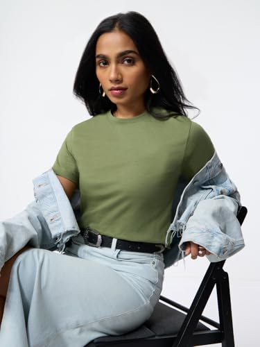 Image of The Souled Store Casual Classics: Women and Girls Short Sleeves Spread Collar Solid Cotton Regular Fit Breathable Lightweight Trendy Everyday T-Shirt