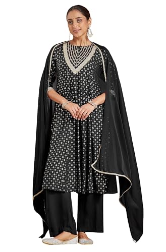 Kurta Anarkali noir Janasya ensemble anti-frottement confortable en rayonne