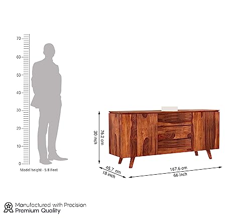 Image of Solid Sheesham Wood Wooden Sideboard Storage Cabinet : Ideal for Living Room and Bedroom with 3 Drawers and 2-Shelf Storage (Honey Finish)