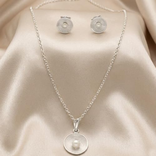 Image of Sri Jagdmaba Pearls 925 Sterling Silver Spiral Disc Pearl Centre Jewellery Set Gift for Women & Girls