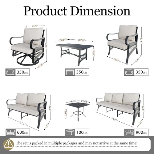 Image of 11 Pieces Patio Conversation Sets, All-Weather Metal Swivel Rocking Chairs with Rope Furniture Set, Outdoor Sofa Couch for Deck, Porch, Garden, Backyard, Poolside (Beige Cushions)