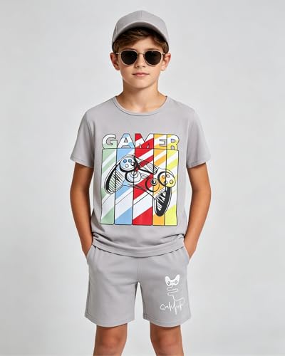 Image of Cakaner Tween Boys Summer Clothes 2 Piece Short Sleeve Graphic T-Shirt and Shorts Casual Outfit Set Size 7-14
