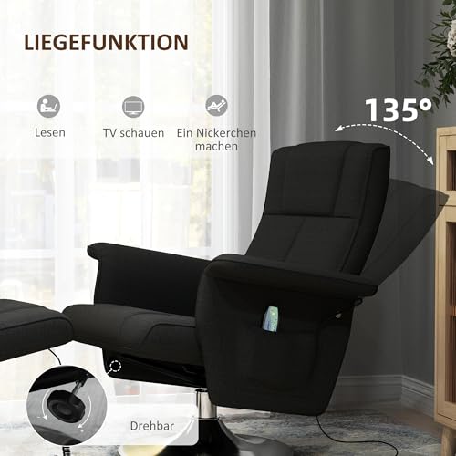 HOMCOM Relaxsessel mit Hocker, 360°drehbarer Fernsehsessel mit Vibrations-Massage, Liegefunktion, Massagesessel mit Seitentasche, Ruhesessel, Leinenstoff für Wohnzimmer Schwarz – Bild 6
