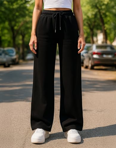 Image of JUNEBERRY Wide Leg Track Pants for Women & Girls (Pure Cotton, Bootcut, Regular Fit, High Rise Trouser, Drawstring, Available in Black, Brown, Navy, Olive Green, Lilac, Beige)