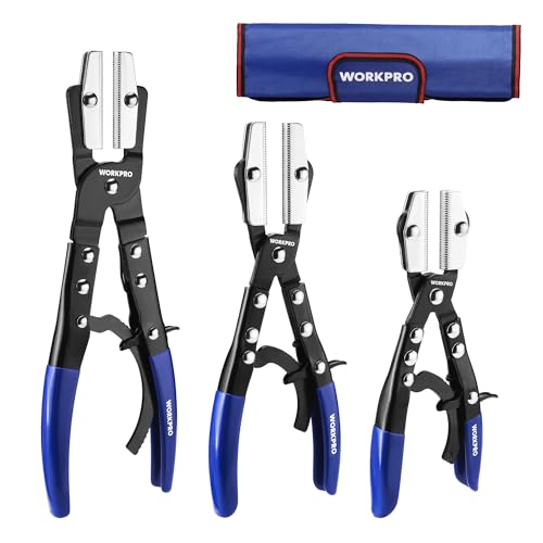 WORKPRO 3-Piece Ratcheting Hose Pinch Off Pliers Set 8 10 12 Locking Hose Pinch Pliers Set with Storage Bag - for Radiator Coolant Automotive Fuel Lines