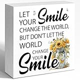 WUZYOU Let Your Smile Change the World Wooden Box Wall Sign,Inspirational Quote Wood Box Sign Desk Decor for Home Bedroom Office Shelf Classroom Table Wall 5'x5'