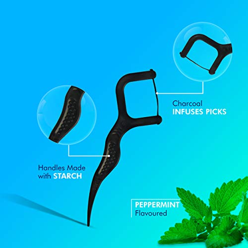 Dental Guru Palhetas de fio dental de carvão vegetal – Sabor refrescante de menta – Alças biodegradá