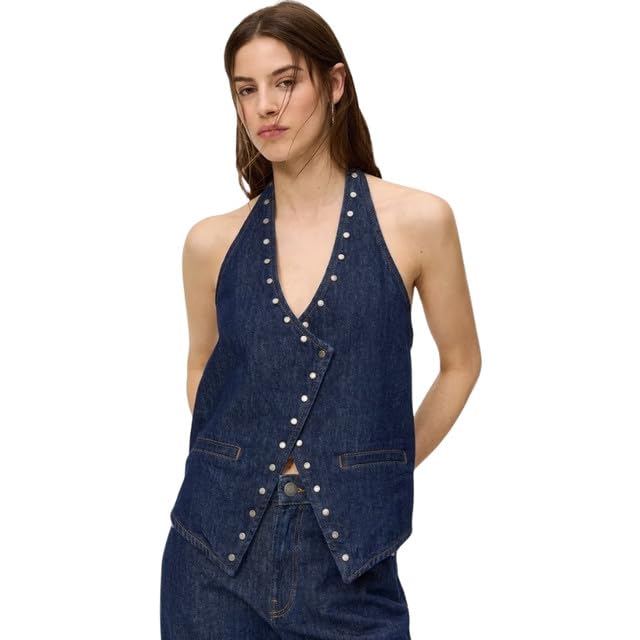 Women's Decorated Denim Halter Top | Rivet Backless Solid Color Denim Clothing-image-48