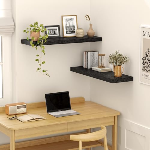 Image of 24 Inch Floating Shelves, 12 Inch Deep Floating Shelves for Wall, Extra Deeper & Thicker Wooden Wall Shelf with Invisible Brackets, Shelf for Bedroom Living Room Home Decor(Black, Set of 2)
