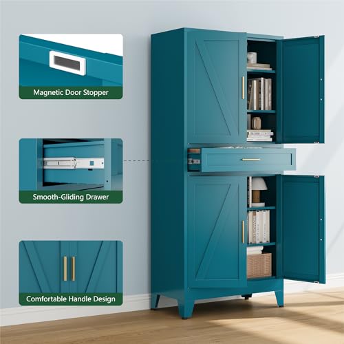 Image of Bevivog Tall Storage Cabinet with Drawers, Metal Pantry Cabinets with Doors and Shelves, 71 inch Bookshelf with 4 Doors, Freestanding Cupboard for Kitchen /Pantry /Living Room /Laundry