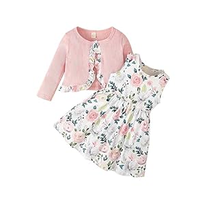 puseky Toddler Baby Girls Dress and Cardigan Set Baby Girl Floral Print Sleeveless Dress and Coat 2Pcs Outfits Set