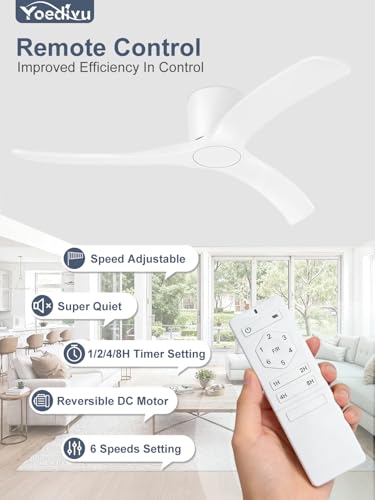 Image of 52 Inch Smart Ceiling Fans Without Lights, Low Profile Flush Mount Ceiling Fan with Alexa & Remote Control, 6 Speed Reversible Quiet DC Motor, White Ceiling Fan for Bedroom Living Room Patio