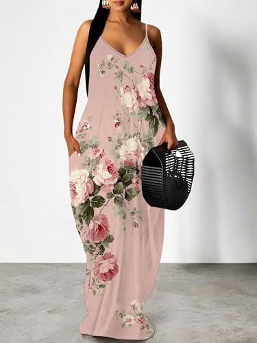 Image of Women Spaghetti Strap Maxi Dress with Pockets | Soft fabric relaxed fit sleeveless v neck with pockets for party and daily wear