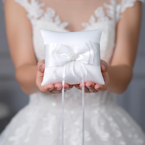 image for Sibba Wedding Ring Bearer Pillow Pearls Ring Cushion 3.9 Inch Satin We