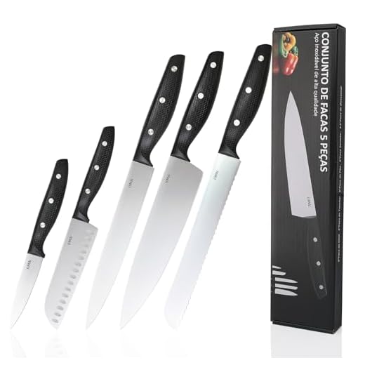 LUMAI Conjunto de Facas Aço Inoxidável 3CR13, Kit 5 Peças com Lâminas Afiadas e Duráveis, Inclui Faca do Chef, Santoku, Pão, Trinchar e Descascar, Corte Preciso para Cozinha Profissional e Doméstica
