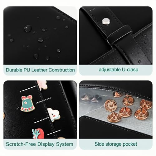 Image of Enamel Pin Display Book - 4 Page Leather Travel Organizer for Collectors, Portable Lapel Pin Holder with Secure Storage, Compact Pin Trading Book (Black)