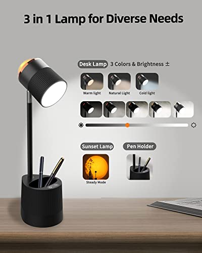 Flymuda Led Desk Lamp With Sunset Lamp, Pen Holder, Led Reading Lamp With 3 Color Modes, 360° Rotation, Battery Operated, Touch Control, Sunset Night Light & Desk Lamp 2 In 1 For Home Office - Black #TOP1