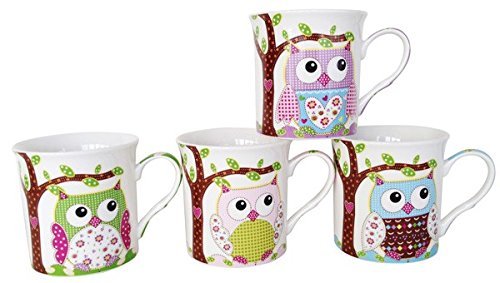 Set 4 Tazze In Ceramica Con Gufi, Regalo Perfetto Per Bomboniere (matrimoni, Comunioni, Compleanni Bimbi) – Confezione Singola In Sacchetto Regalo