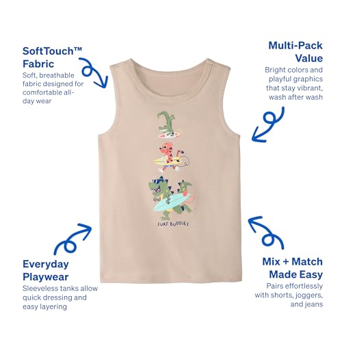 Garanimals Baby & Toddler Boy Dino Tank Tees - Kid\'s Sleeveless Tank Top - Size 3T - Beige, Dark Green, Orange, White - 5 Pack