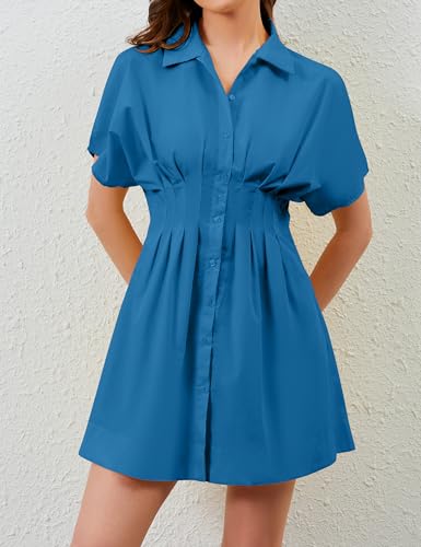 Image of Women Summer Short Sleeve Button Front Pleated Shirt Dress Striped Collar V Neck Casual Y2k Swing Short Mini Dress