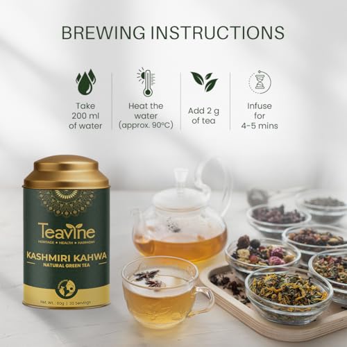 Image of TEAVINE Kashmiri Kahwa Green Tea 60g | Traditional Saffron, Almond & Cardamom Wellness Tea | Supports Digestion & Detox | 100% Natural Ingredients | Free SS Infuser