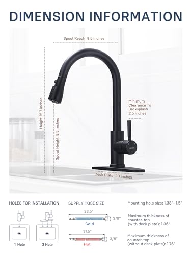 Image of WEWE Kitchen Sink Faucet, Pull Down Kitchen Faucet, Black and Chrome Kitchen Faucet with Sprayer Stainless Steel Single Handle one or Three Hole for Laundry bar Kitchen Sinks
