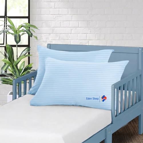 Image of Toddler Travel Baby Pillowcase, Pack of 2 Zipper Closure Pillow Cover 100% Cotton Small Pillow Covers, 500 Thread Count Nersury Pillow Cases for Kids 14x20 inches, Light Blue Stripe