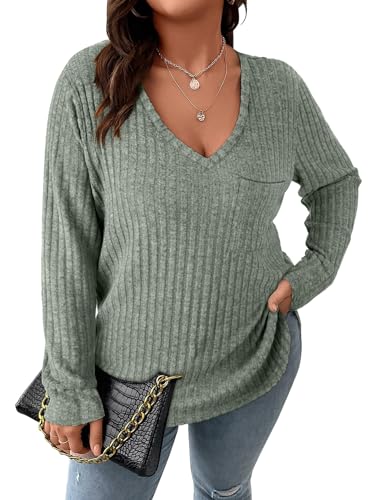 Image of Koscacy Women Plus Size Casual Knit Sweater with Pocket V Neck Solid Color Tops Lightweight Long Sleeve Blouses