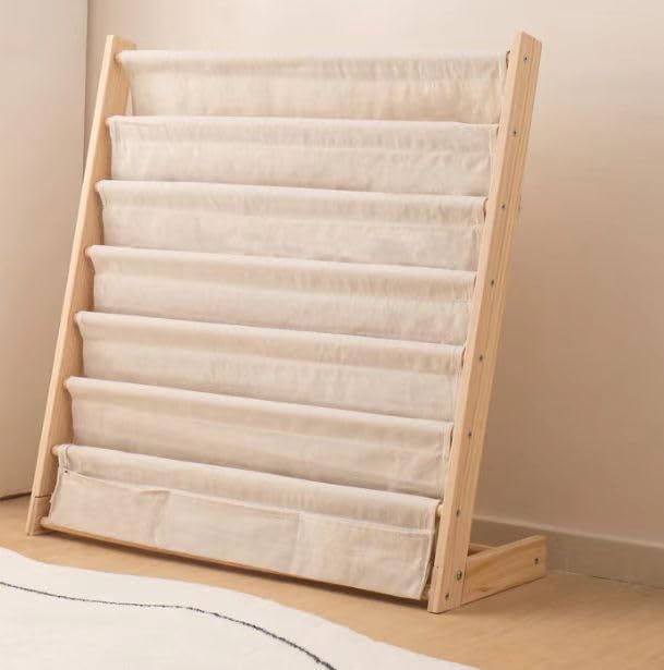 XiMaiChy Kids Wooden Bookshelf 6-Tier Natural Pine Book Rack with Canvas Storage Bins for Organizing Books & Toys Ideal for Children's Rooms & Playrooms
