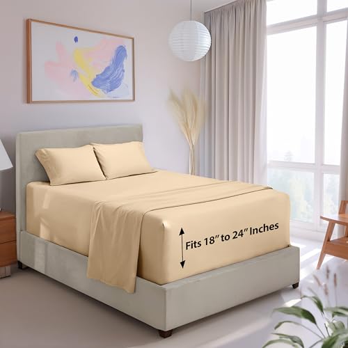 Hearth & Harbor Extra Deep Pocket Queen Size Sheet Set - 4 Piece Ultra Soft & Breathable Bed Sheets Set - Fits Up to 24' Mattress - Hotel Luxury Bed Sheet Set, Beige Cream